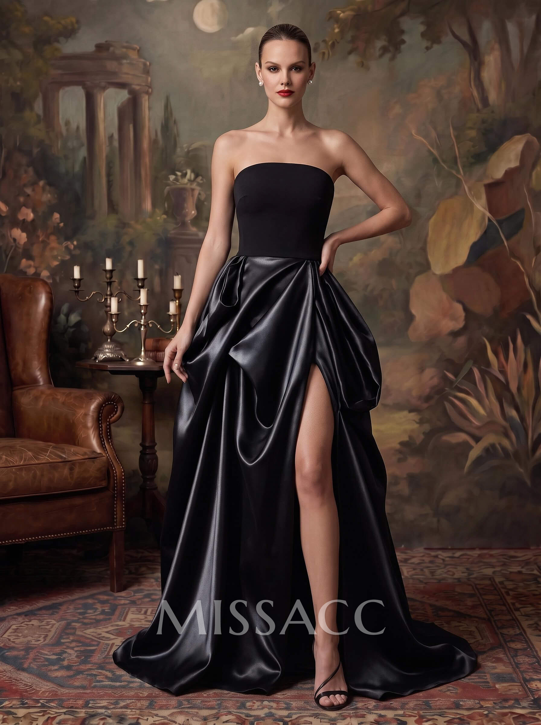 Elegant A-Line Sweep Train Elastic Satin/Liquid Satin Evening Dresses With Ruffle/High Split Elegant A-Line Sweep Train Elastic Satin/Liquid Satin Evening Dresses With Ruffle/High Split
