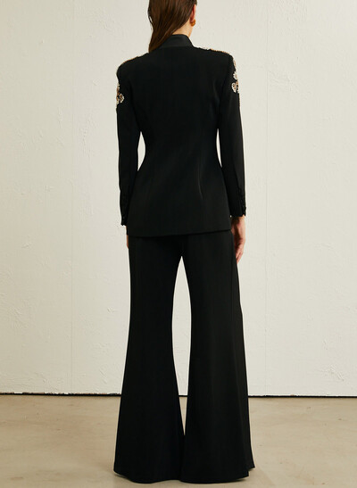Elegant V-Neck Long Sleeves Floor-Length Italian Satin Evening Pantsuit With Rhinestone