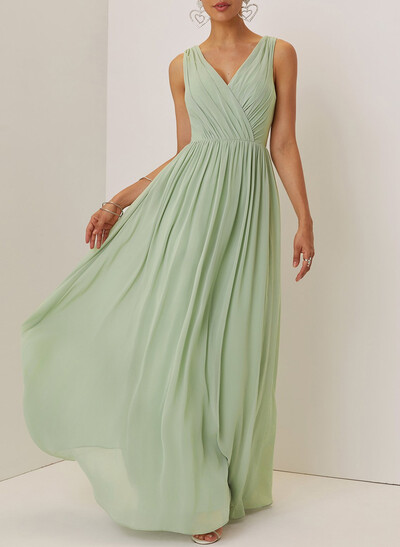 Elegant V-Neck Regular Straps Sleeveless A-Line Floor-Length Chiffon Evening Dresses With Lace Back