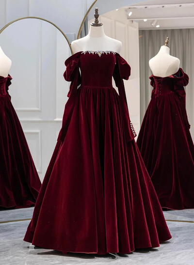 Off-The-Shoulder Detachable Sleeves A-Line Floor-Length Velvet Evening Dresses With Rhinestone