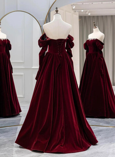Off-The-Shoulder Detachable Sleeves A-Line Floor-Length Velvet Evening Dresses With Rhinestone