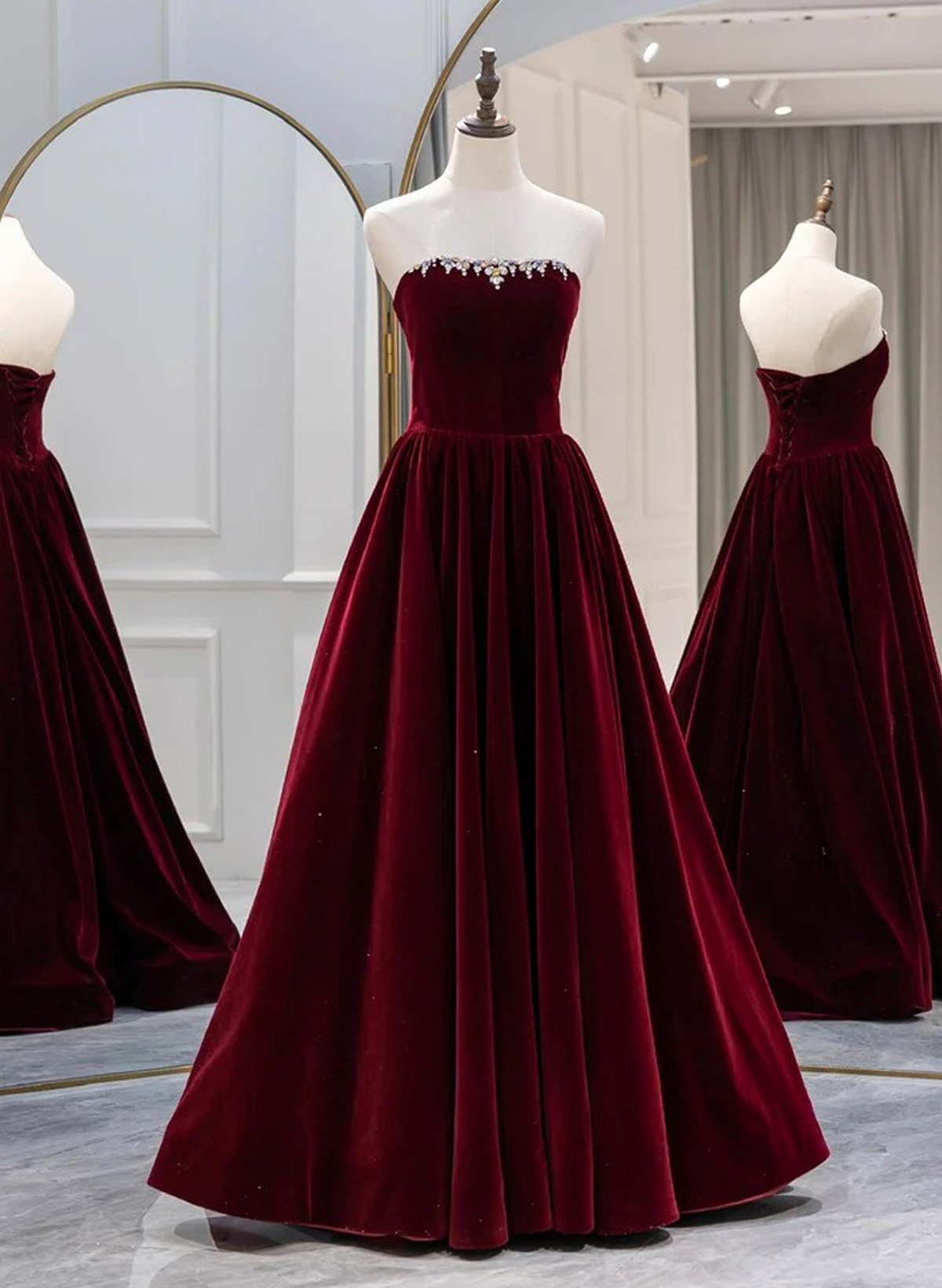 Off-The-Shoulder Detachable Sleeves A-Line Floor-Length Velvet Evening Dresses With Rhinestone