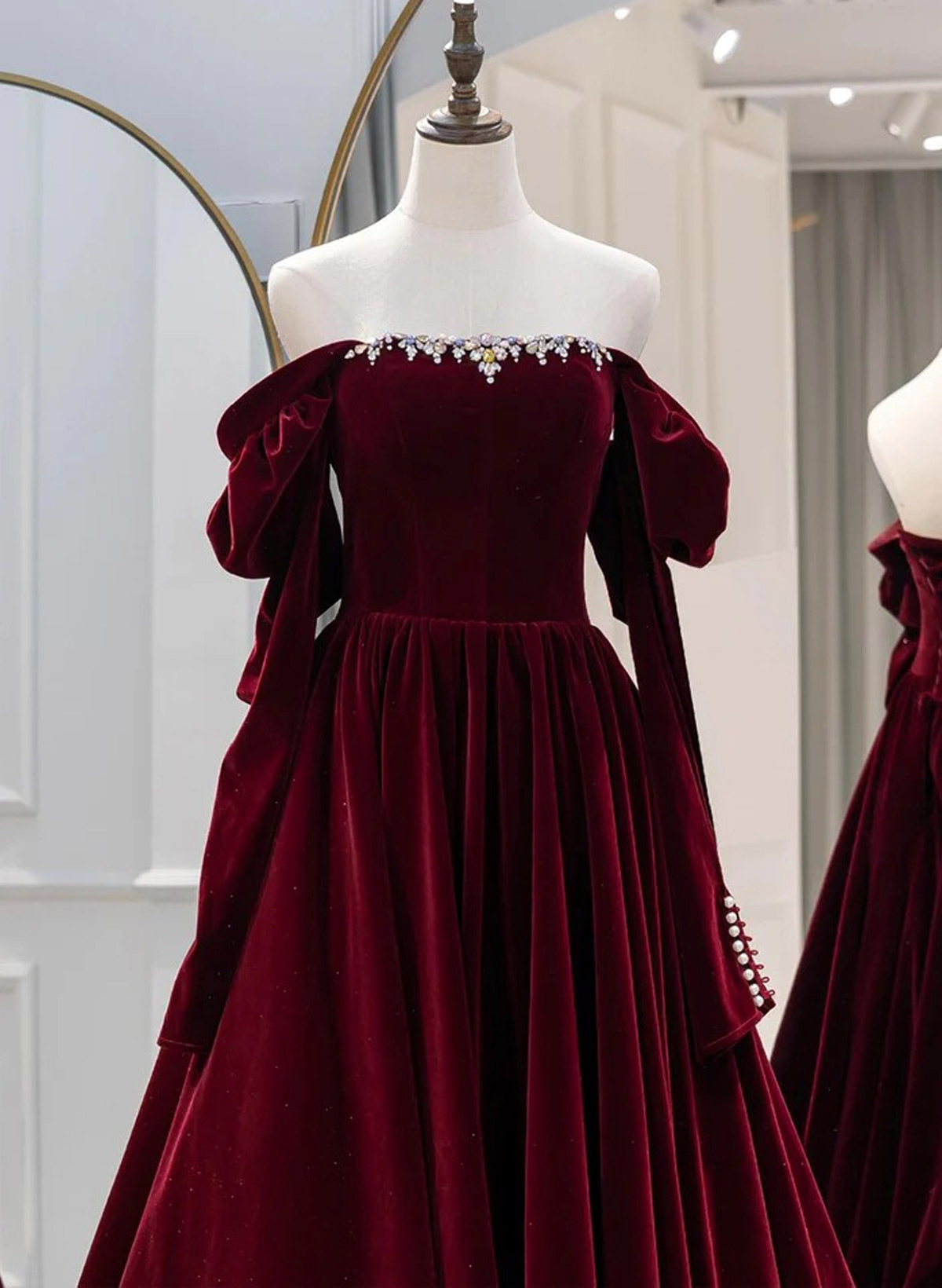 Off-The-Shoulder Detachable Sleeves A-Line Floor-Length Velvet Evening Dresses With Rhinestone