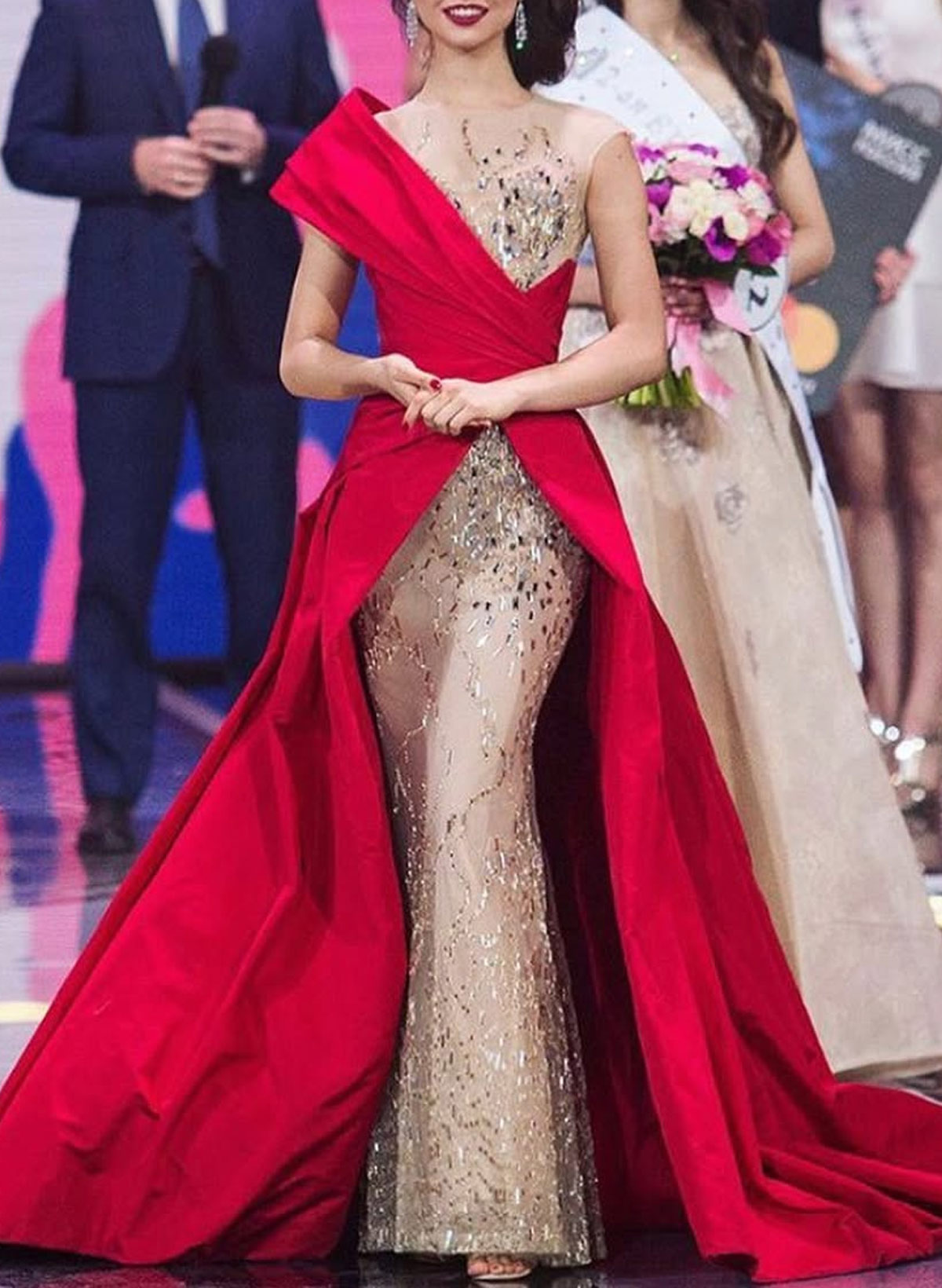 Sparkle & Shine Illusion Neck Sweep Train Sequined/Taffeta Evening Dresses With Overskirt Dress