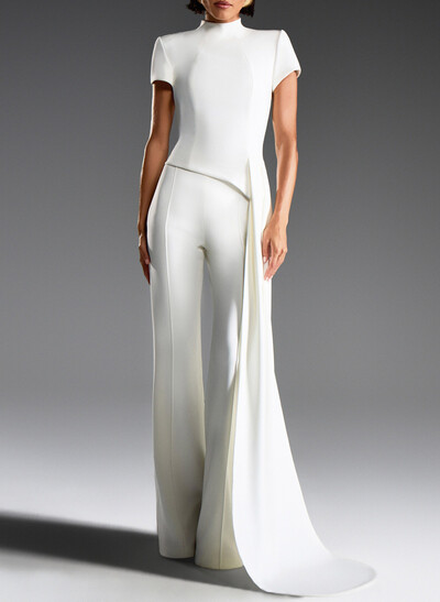 High Neck Short Sleeves Floor-Length Elastic Satin Evening Jumpsuit With Sweeping Side Drape