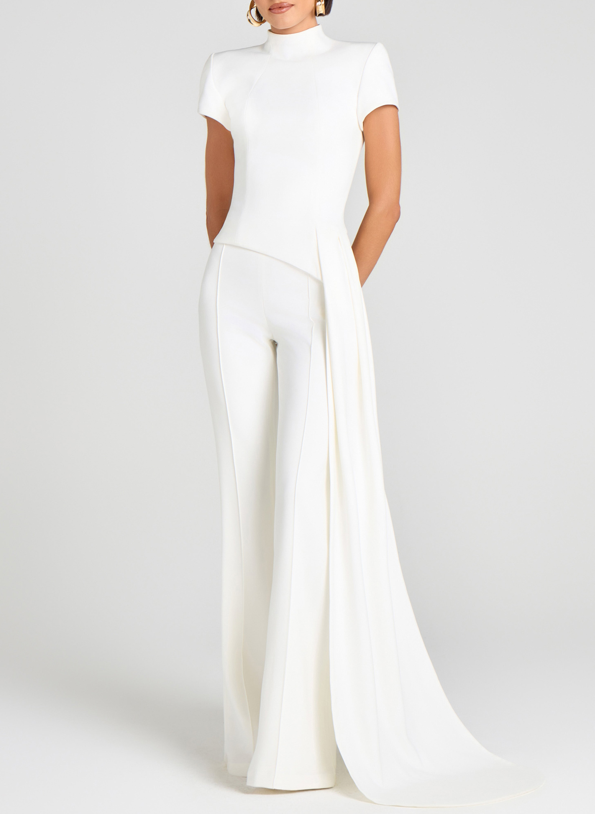 High Neck Short Sleeves Floor-Length Elastic Satin Evening Jumpsuit With Sweeping Side Drape
