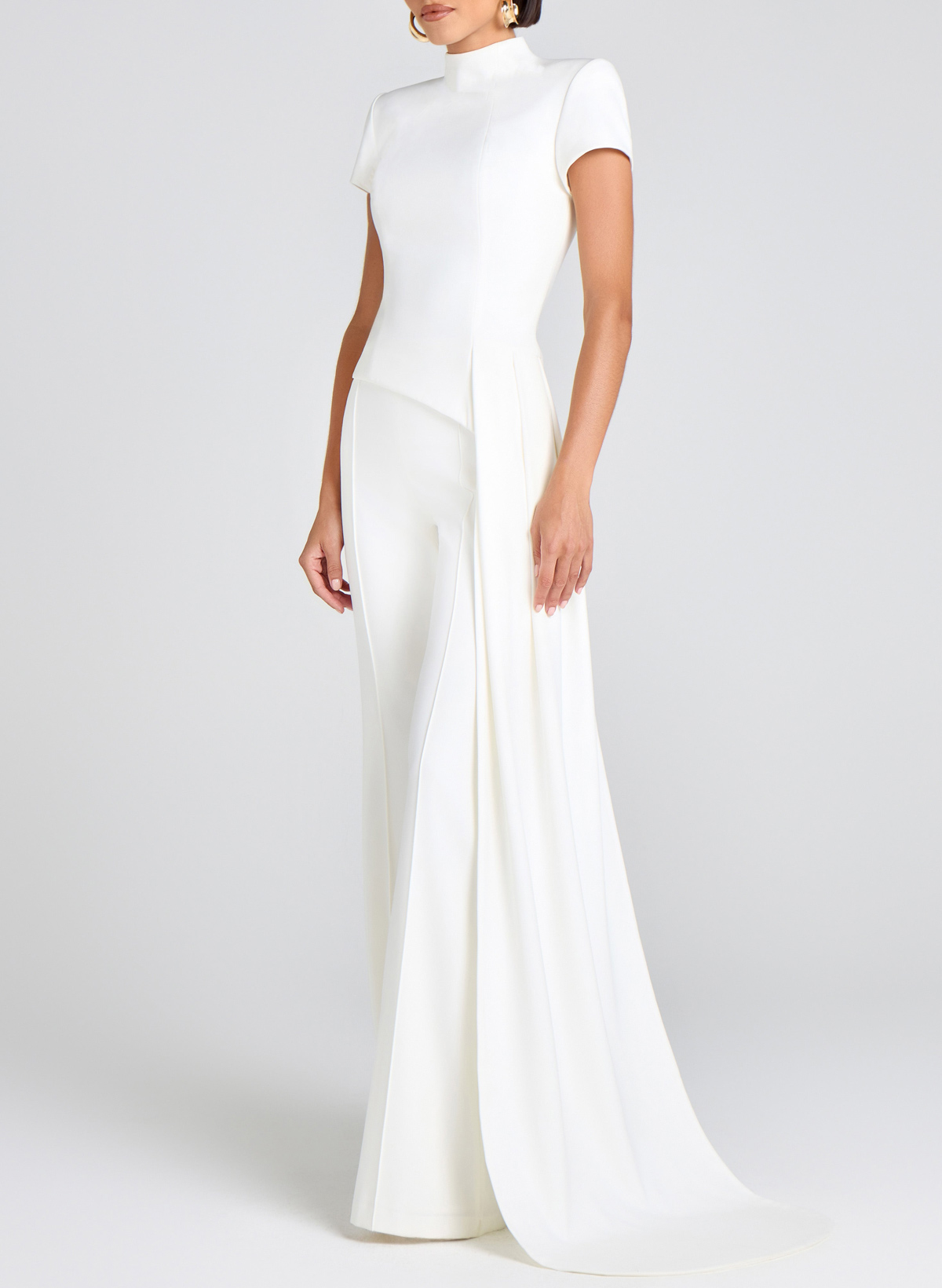 High Neck Short Sleeves Floor-Length Elastic Satin Evening Jumpsuit With Sweeping Side Drape