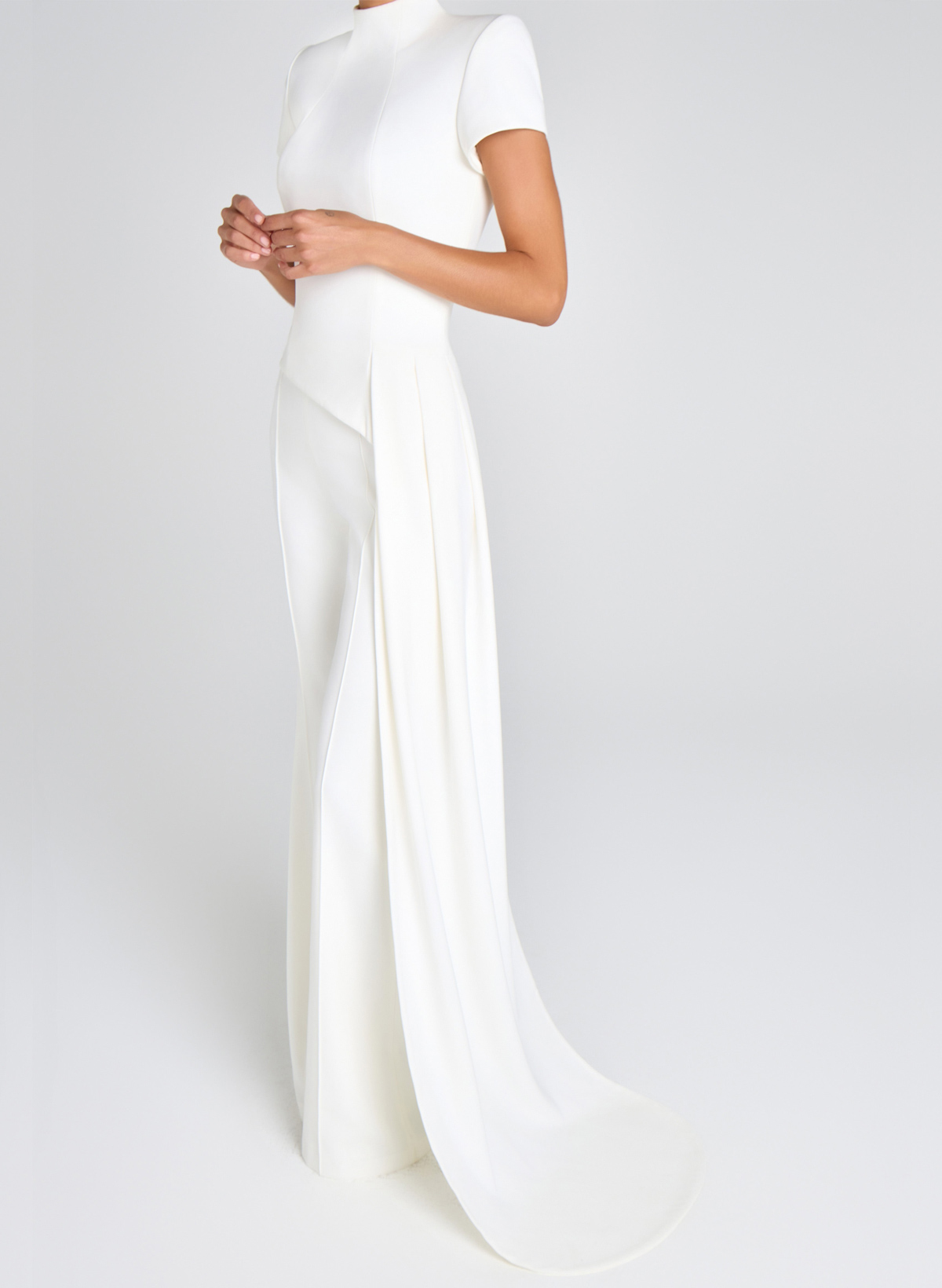 High Neck Short Sleeves Floor-Length Elastic Satin Evening Jumpsuit With Sweeping Side Drape