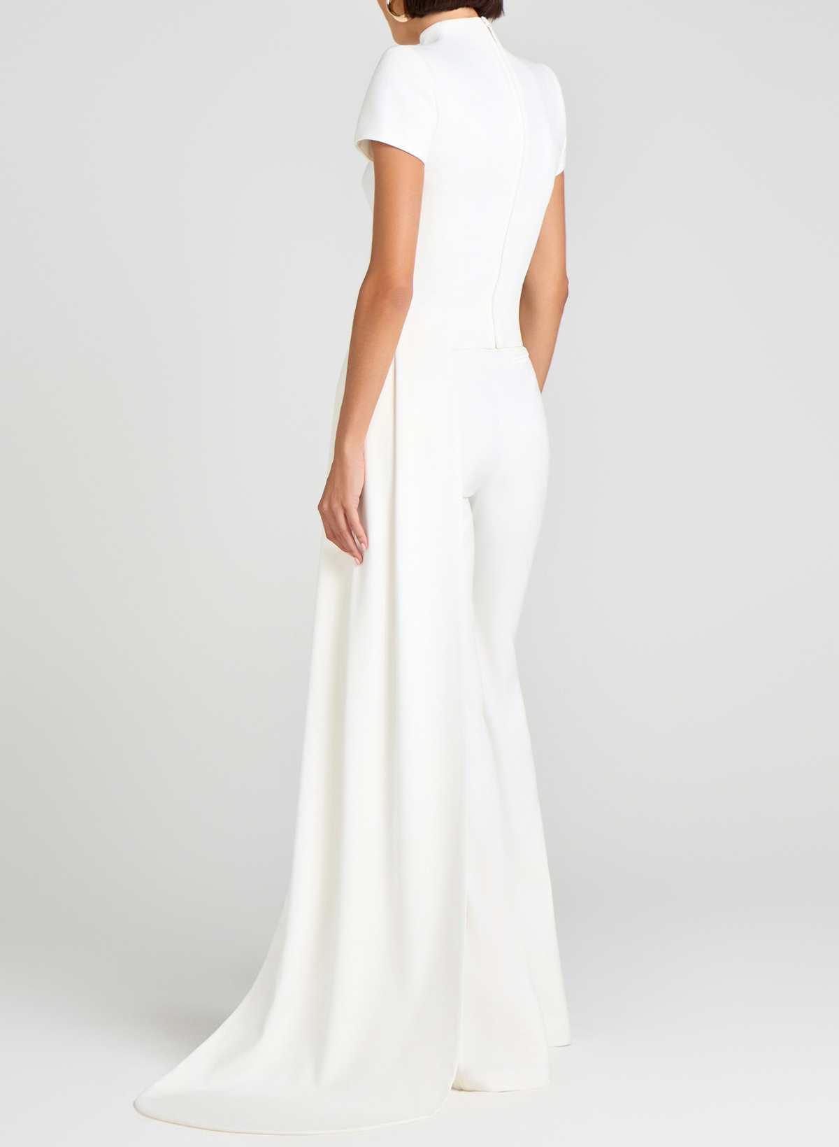 High Neck Short Sleeves Floor-Length Elastic Satin Evening Jumpsuit With Sweeping Side Drape