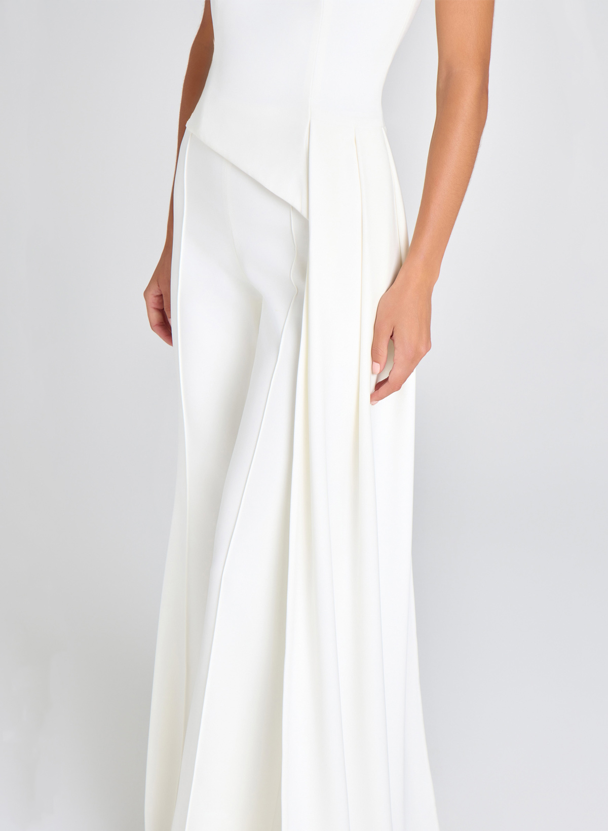 High Neck Short Sleeves Floor-Length Elastic Satin Evening Jumpsuit With Sweeping Side Drape