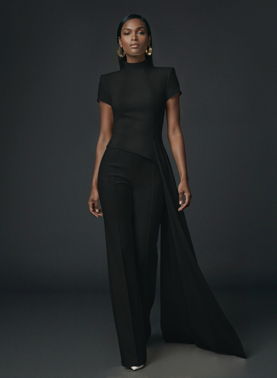 High Neck Short Sleeves Floor-Length Elastic Satin Evening Jumpsuit With Sweeping Side Drape