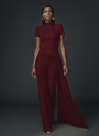 High Neck Short Sleeves Floor-Length Elastic Satin Evening Jumpsuit With Sweeping Side Drape