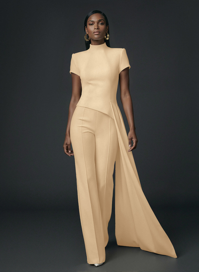 High Neck Short Sleeves Floor-Length Elastic Satin Evening Jumpsuit With Sweeping Side Drape