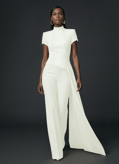 High Neck Short Sleeves Floor-Length Elastic Satin Evening Jumpsuit With Sweeping Side Drape