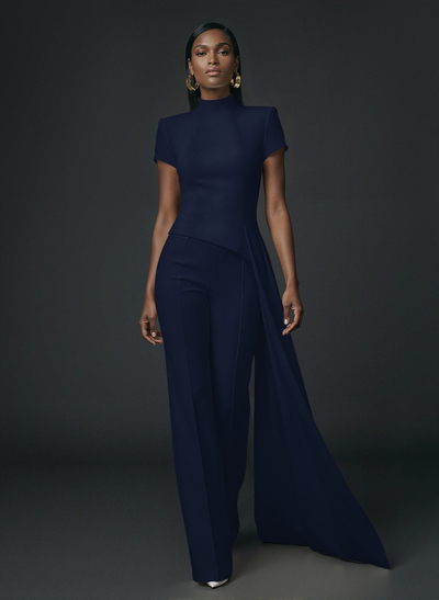 High Neck Short Sleeves Floor-Length Elastic Satin Evening Jumpsuit With Sweeping Side Drape