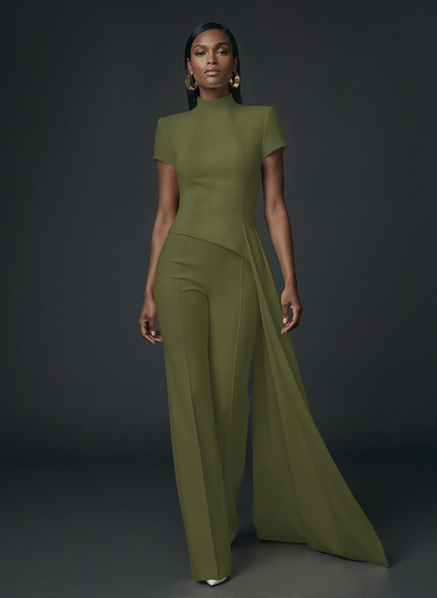 High Neck Short Sleeves Floor-Length Elastic Satin Evening Jumpsuit With Sweeping Side Drape