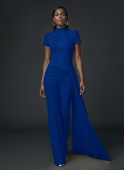 High Neck Short Sleeves Floor-Length Elastic Satin Evening Jumpsuit With Sweeping Side Drape