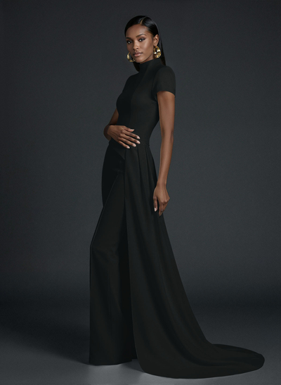 High Neck Short Sleeves Floor-Length Elastic Satin Evening Jumpsuit With Sweeping Side Drape
