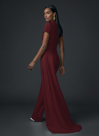 High Neck Short Sleeves Floor-Length Elastic Satin Evening Jumpsuit With Sweeping Side Drape