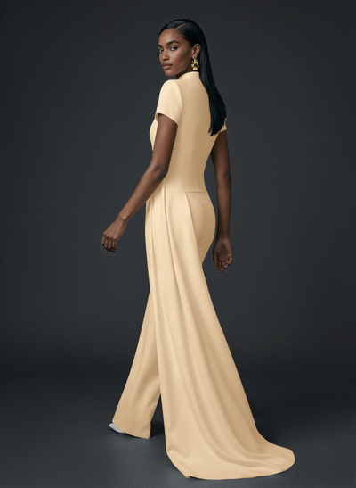 High Neck Short Sleeves Floor-Length Elastic Satin Evening Jumpsuit With Sweeping Side Drape