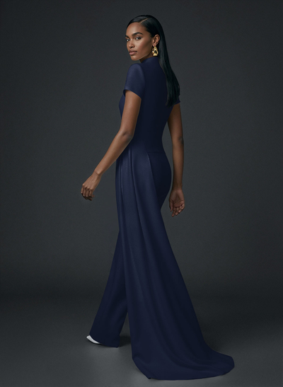 High Neck Short Sleeves Floor-Length Elastic Satin Evening Jumpsuit With Sweeping Side Drape