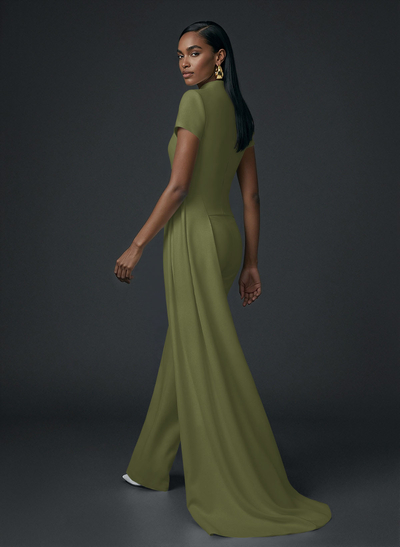 High Neck Short Sleeves Floor-Length Elastic Satin Evening Jumpsuit With Sweeping Side Drape