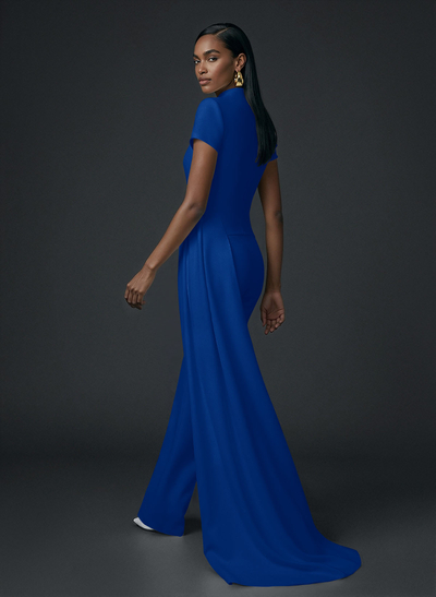 High Neck Short Sleeves Floor-Length Elastic Satin Evening Jumpsuit With Sweeping Side Drape