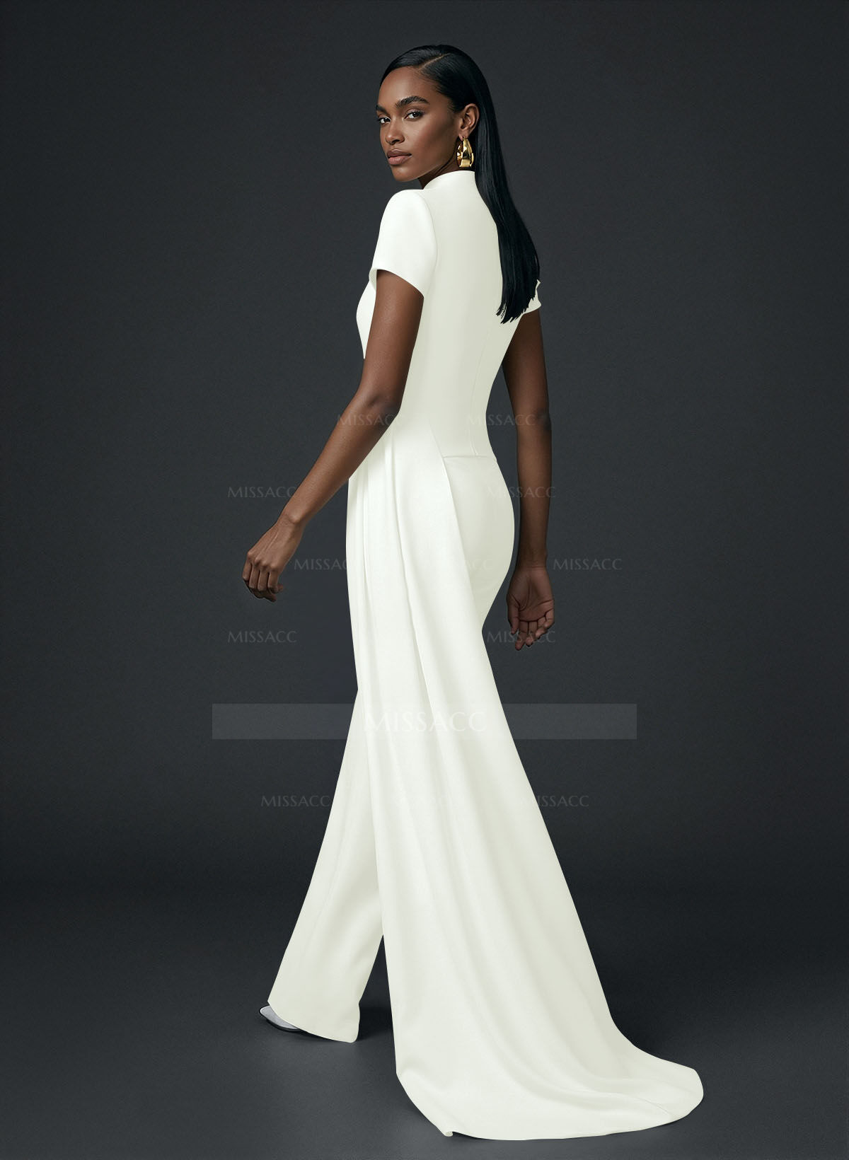 High Neck Short Sleeves Floor-Length Elastic Satin Evening Jumpsuit With Sweeping Side Drape