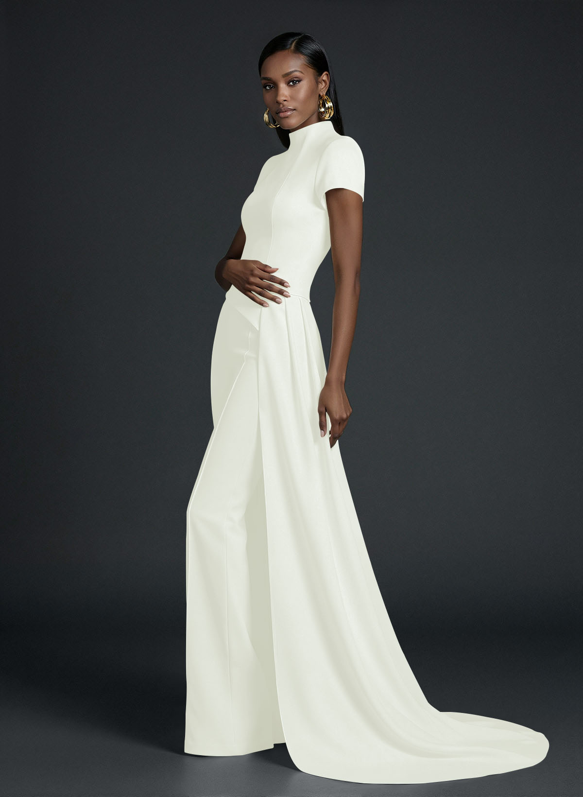 High Neck Short Sleeves Floor-Length Elastic Satin Evening Jumpsuit With Sweeping Side Drape