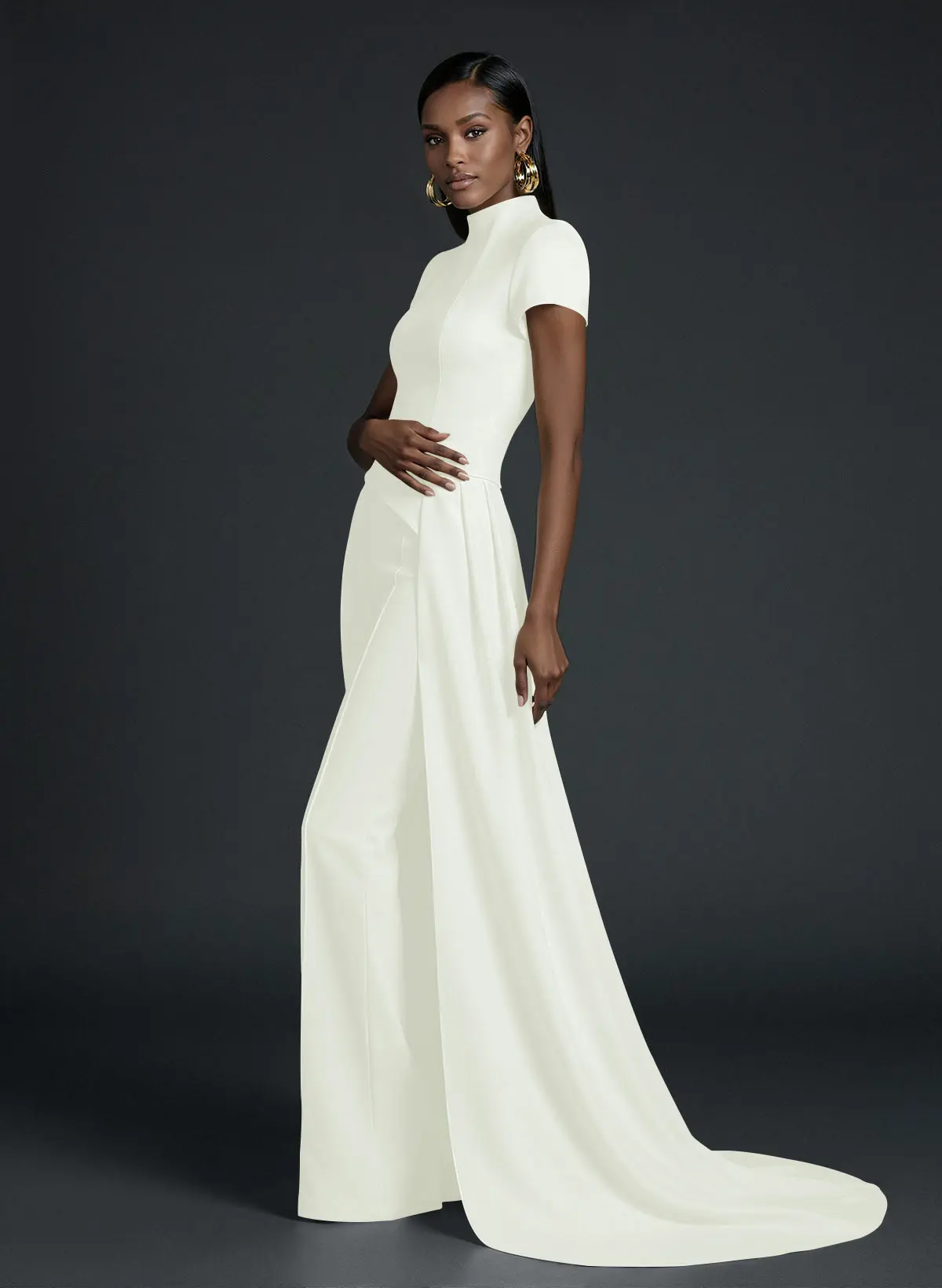High Neck Short Sleeves Floor-Length Elastic Satin Evening Jumpsuit With Sweeping Side Drape