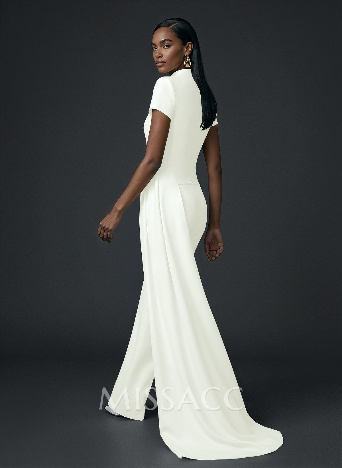High Neck Short Sleeves Floor-Length Elastic Satin Evening Jumpsuit With Sweeping Side Drape