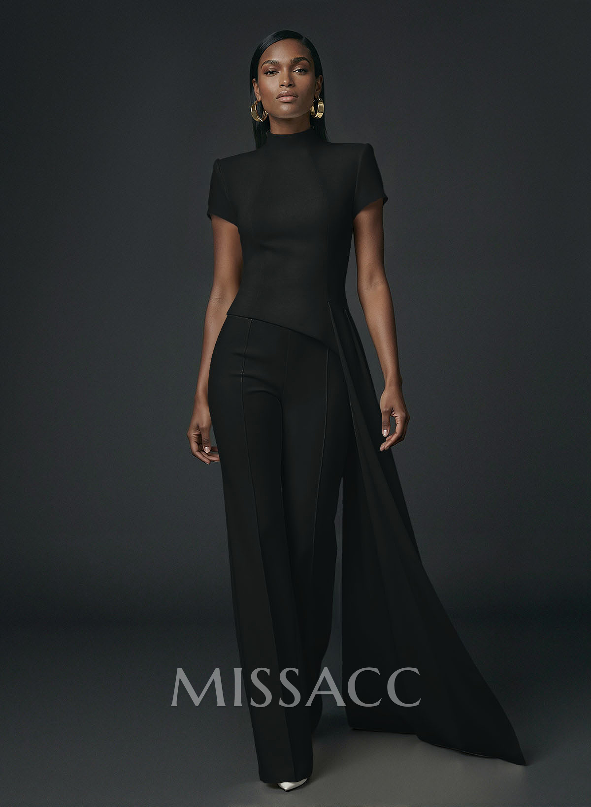 High Neck Short Sleeves Floor-Length Elastic Satin Evening Jumpsuit With Sweeping Side Drape