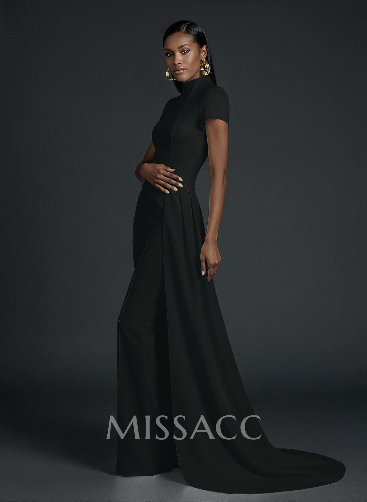High Neck Short Sleeves Floor-Length Elastic Satin Evening Jumpsuit With Sweeping Side Drape