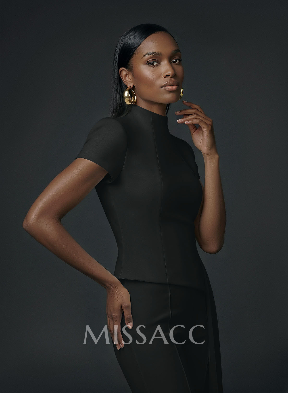 High Neck Short Sleeves Floor-Length Elastic Satin Evening Jumpsuit With Sweeping Side Drape