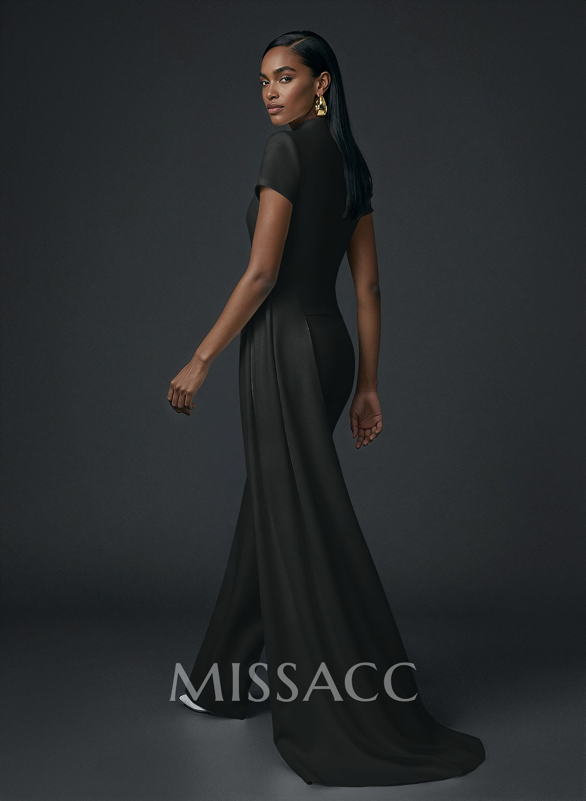High Neck Short Sleeves Floor-Length Elastic Satin Evening Jumpsuit With Sweeping Side Drape