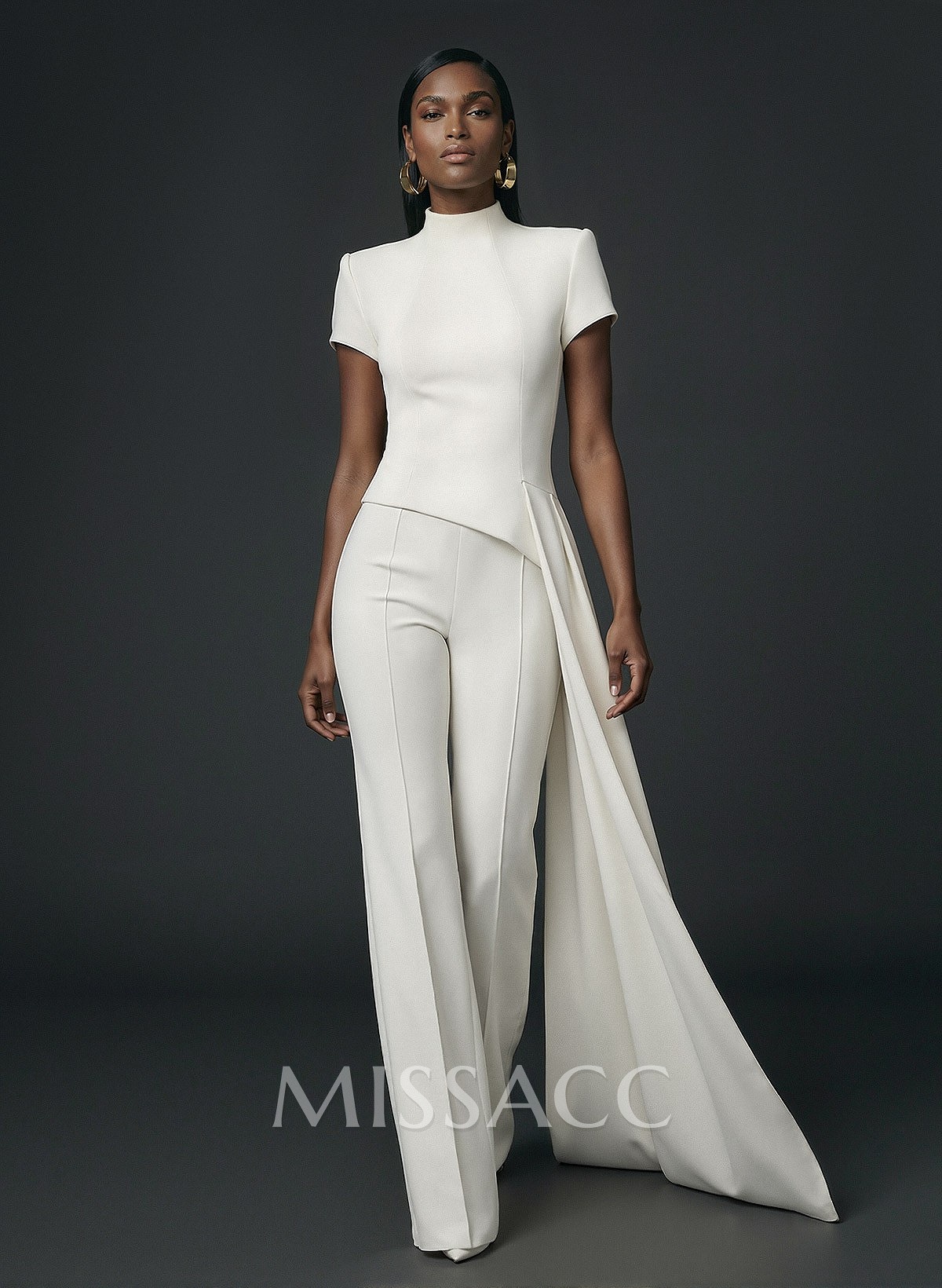 High Neck Short Sleeves Floor-Length Elastic Satin Evening Jumpsuit With Sweeping Side Drape High Neck Short Sleeves Floor-Length Elastic Satin Evening Jumpsuit With Sweeping Side Drape