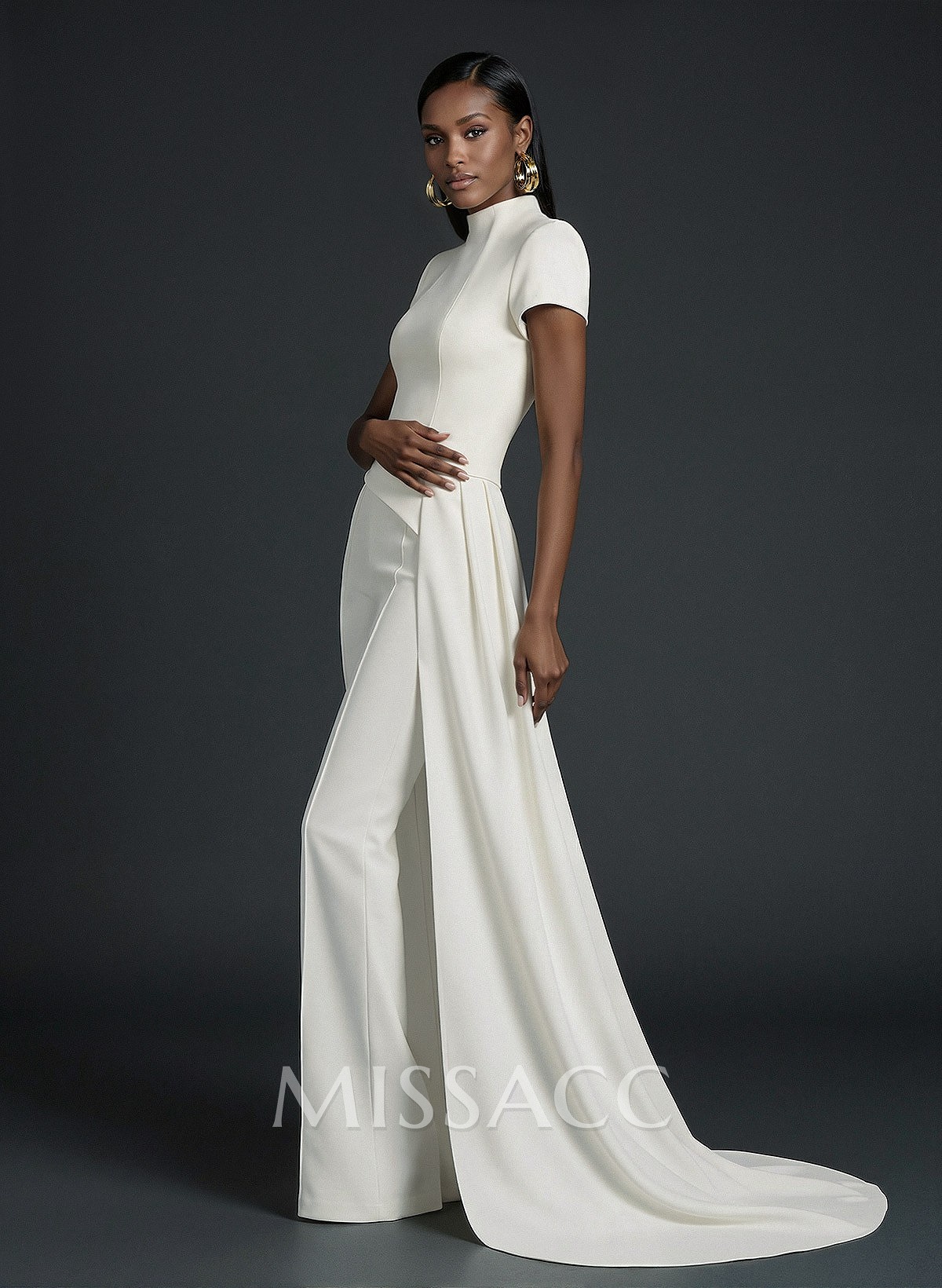 High Neck Short Sleeves Floor-Length Elastic Satin Evening Jumpsuit With Sweeping Side Drape High Neck Short Sleeves Floor-Length Elastic Satin Evening Jumpsuit With Sweeping Side Drape