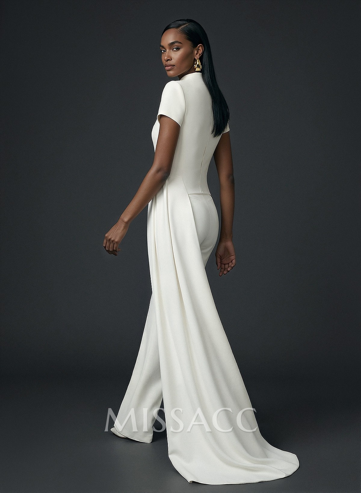 High Neck Short Sleeves Floor-Length Elastic Satin Evening Jumpsuit With Sweeping Side Drape High Neck Short Sleeves Floor-Length Elastic Satin Evening Jumpsuit With Sweeping Side Drape