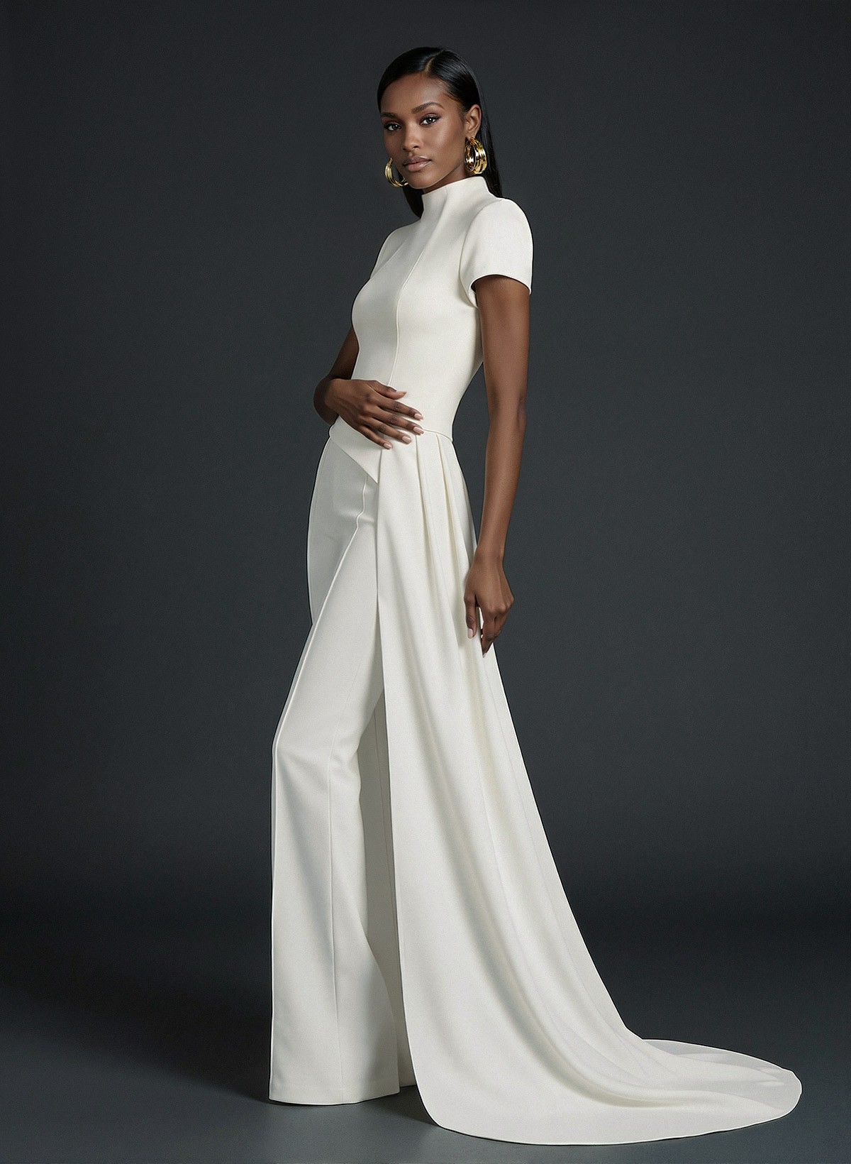 High Neck Short Sleeves Floor-Length Elastic Satin Evening Jumpsuit With Sweeping Side Drape