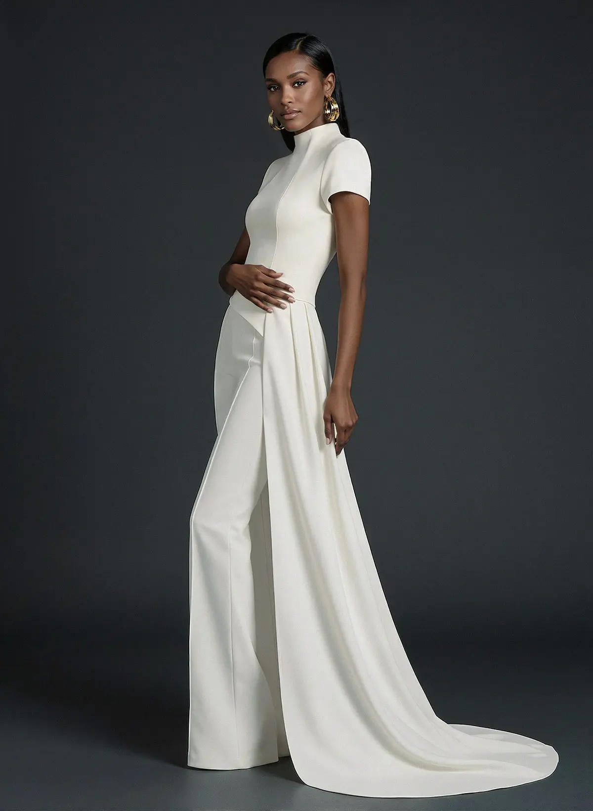 High Neck Short Sleeves Floor-Length Elastic Satin Evening Jumpsuit With Sweeping Side Drape High Neck Short Sleeves Floor-Length Elastic Satin Evening Jumpsuit With Sweeping Side Drape