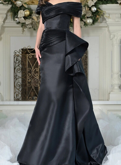 Elegant Off-The-Shoulder Mermaid Sweep Train Satin Evening Dresses With Cascading Ruffles/Pleated