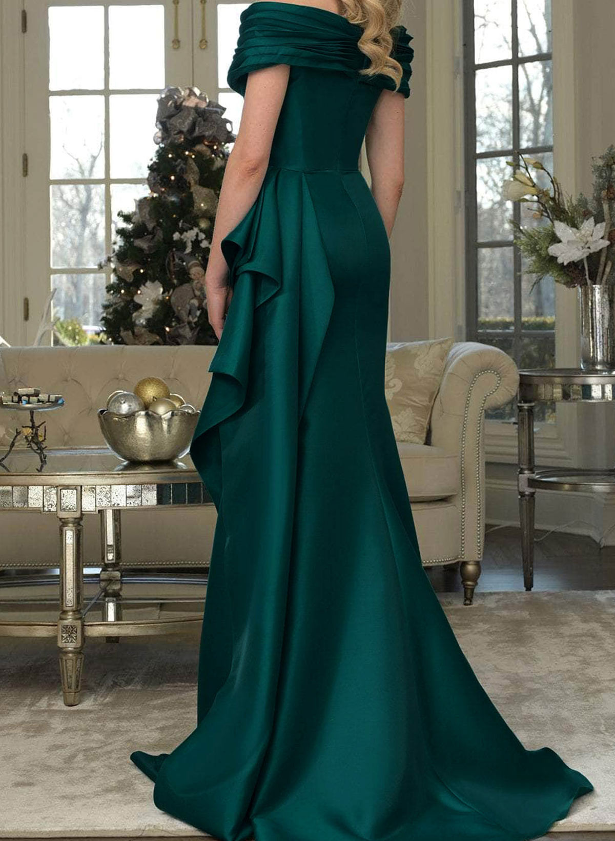 Elegant Off-The-Shoulder Mermaid Sweep Train Satin Evening Dresses With Cascading Ruffles/Pleated