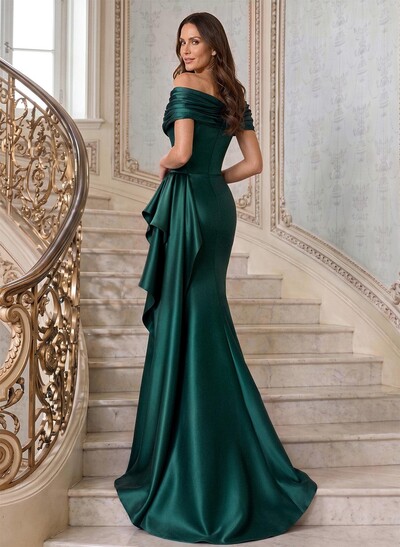 Elegant Off-The-Shoulder Mermaid Sweep Train Satin Evening Dresses With Cascading Ruffles/Pleated
