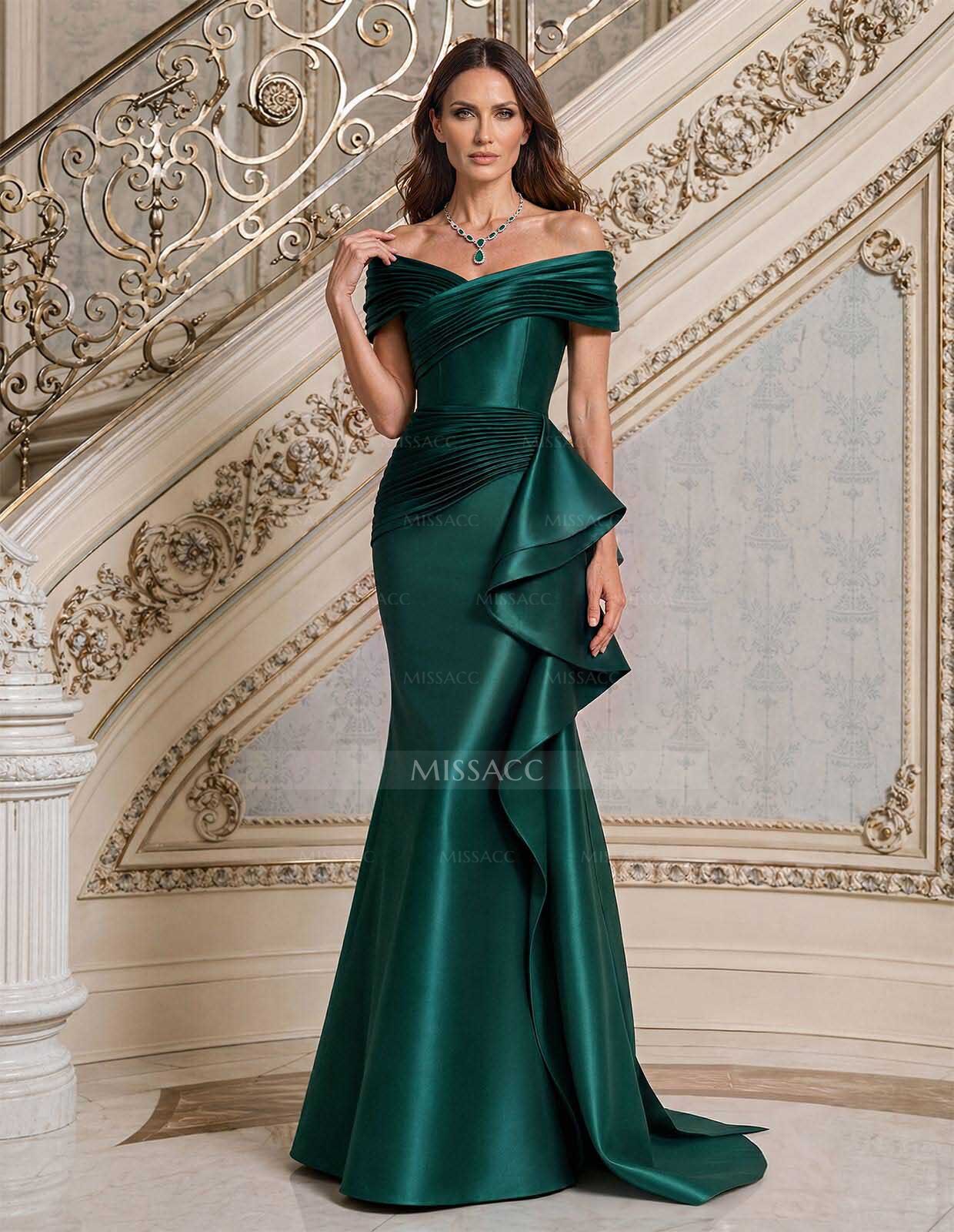 Elegant Off-The-Shoulder Mermaid Sweep Train Satin Evening Dresses With Cascading Ruffles/Pleated