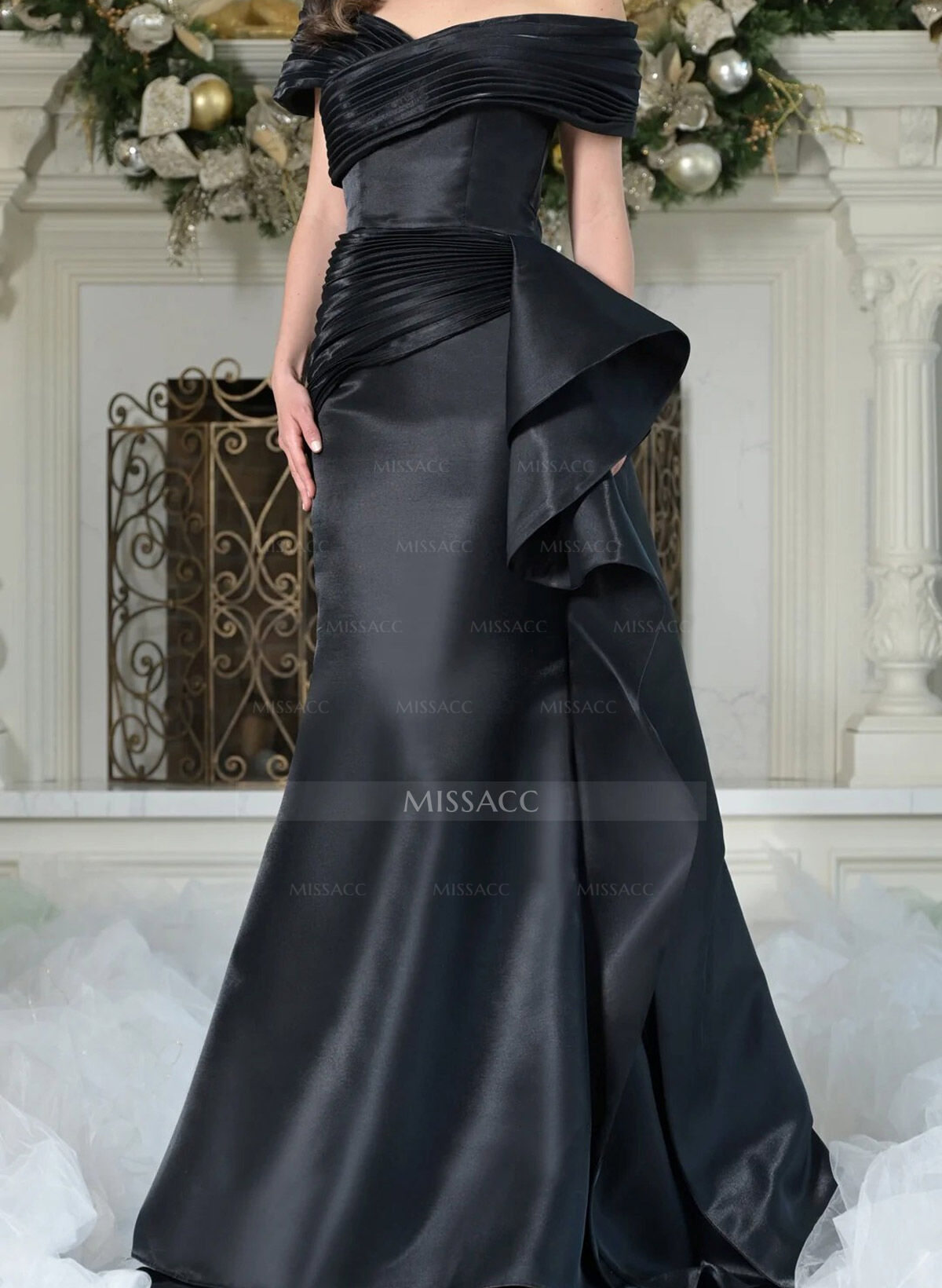 Elegant Off-The-Shoulder Mermaid Sweep Train Satin Evening Dresses With Cascading Ruffles/Pleated