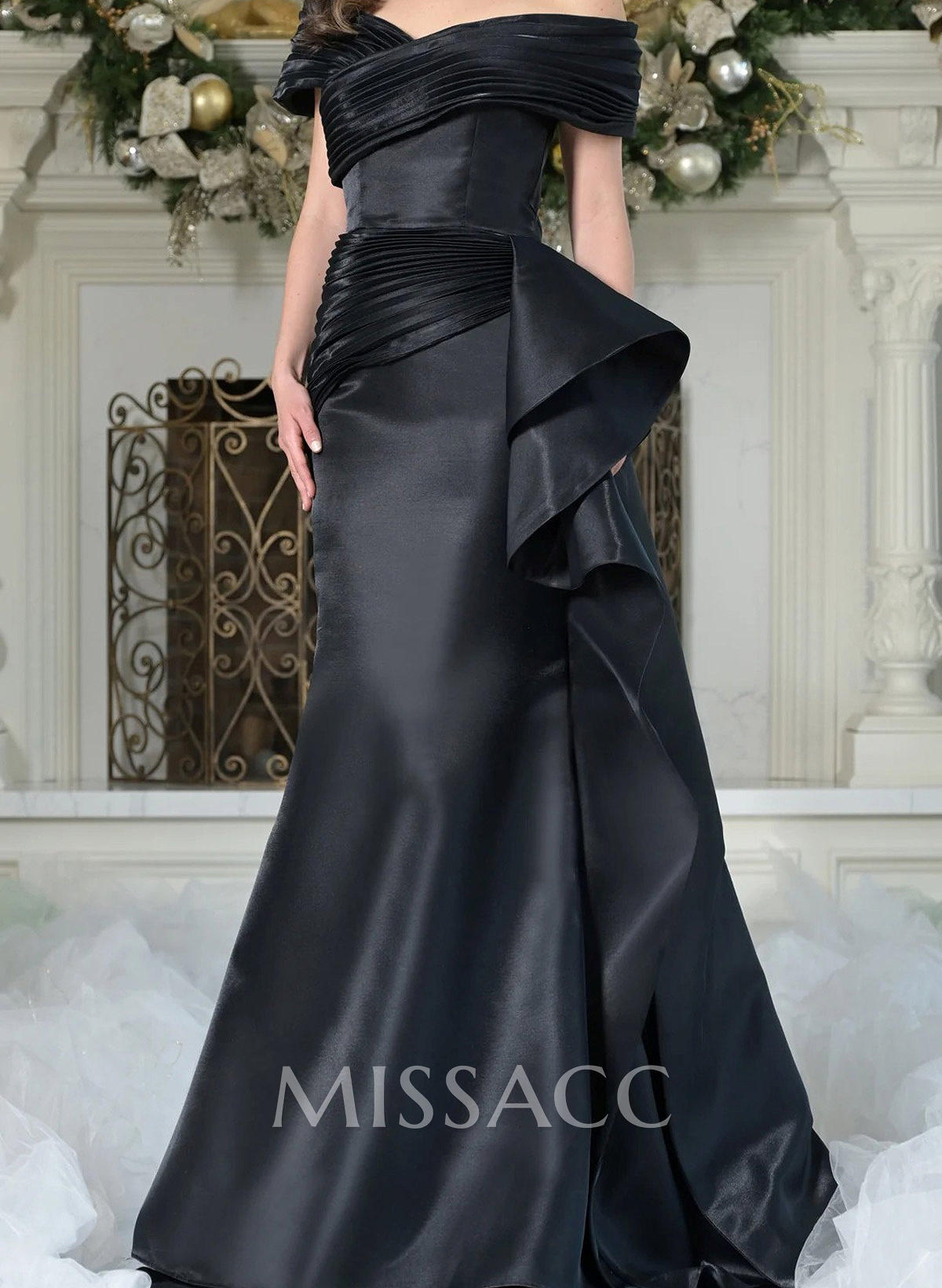 Elegant Off-The-Shoulder Mermaid Sweep Train Satin Evening Dresses With Cascading Ruffles/Pleated Elegant Off-The-Shoulder Mermaid Sweep Train Satin Evening Dresses With Cascading Ruffles/Pleated