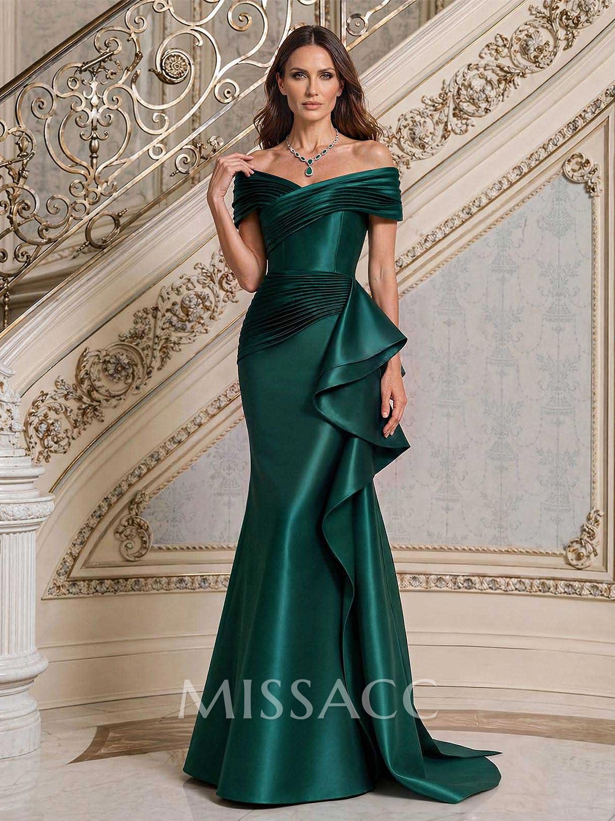 Elegant Off-The-Shoulder Mermaid Sweep Train Satin Evening Dresses With Cascading Ruffles/Pleated