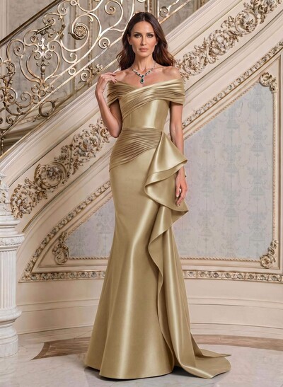 Elegant Off-The-Shoulder Mermaid Sweep Train Satin Evening Dresses With Cascading Ruffles/Pleated