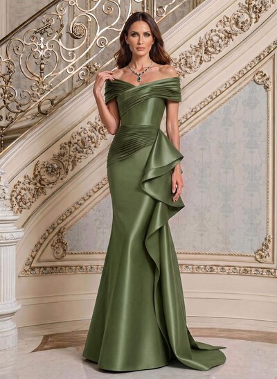 Elegant Off-The-Shoulder Mermaid Sweep Train Satin Evening Dresses With Cascading Ruffles/Pleated