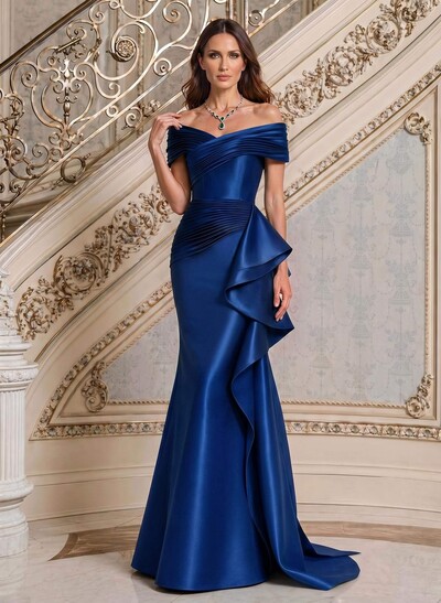 Elegant Off-The-Shoulder Mermaid Sweep Train Satin Evening Dresses With Cascading Ruffles/Pleated